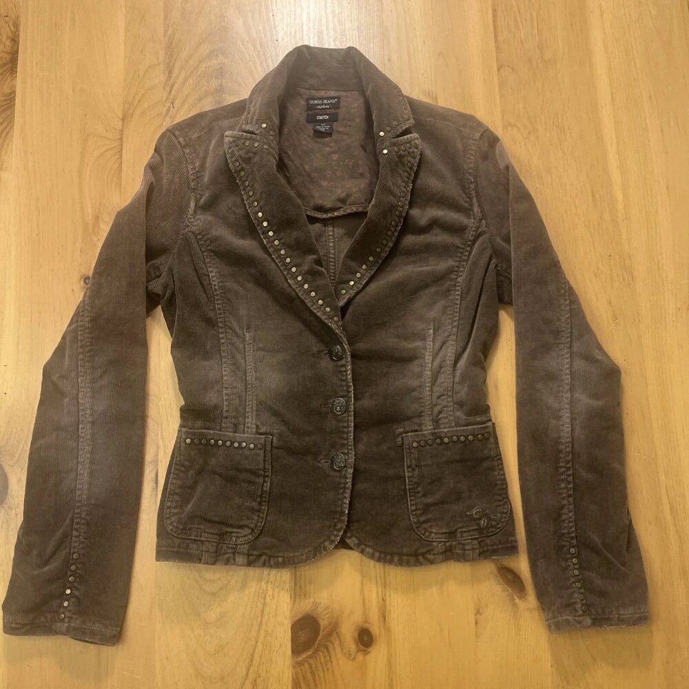 Vintage Guess Jeans Brown Corduroy Jacket 90s Blazer Studded Y2K Size Small S
